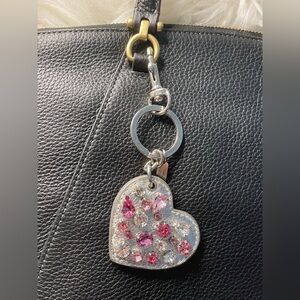COACH Metallic Silver Leather Heart with Scattered Pink & Clear Rhinestones